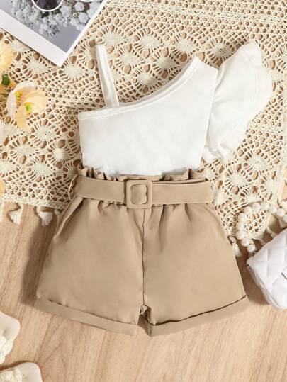 Baby Girl One-Shoulder Top And Paperbag Waist Shorts Set