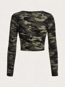 SHEIN EZwear Của phụ nữ Ngụy trang Dệt kim Thon gọn Áo thun - xanh quân đội - Xem 2