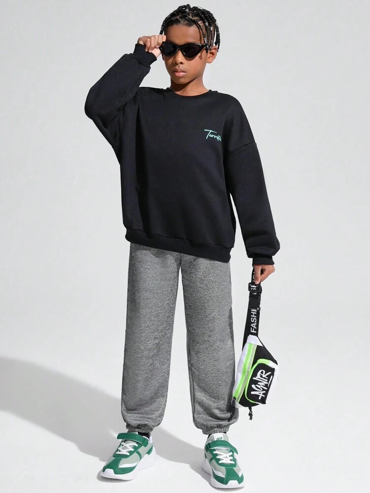 2pcs Tween Boy Casual Printed Pattern Crewneck Sweater And Solid Pants Knit Set, Fleece Thickened