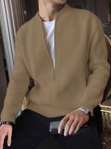 Manfinity Homme Solid Color Men's Zipper Cardigan Sweater - Khaki - View 1