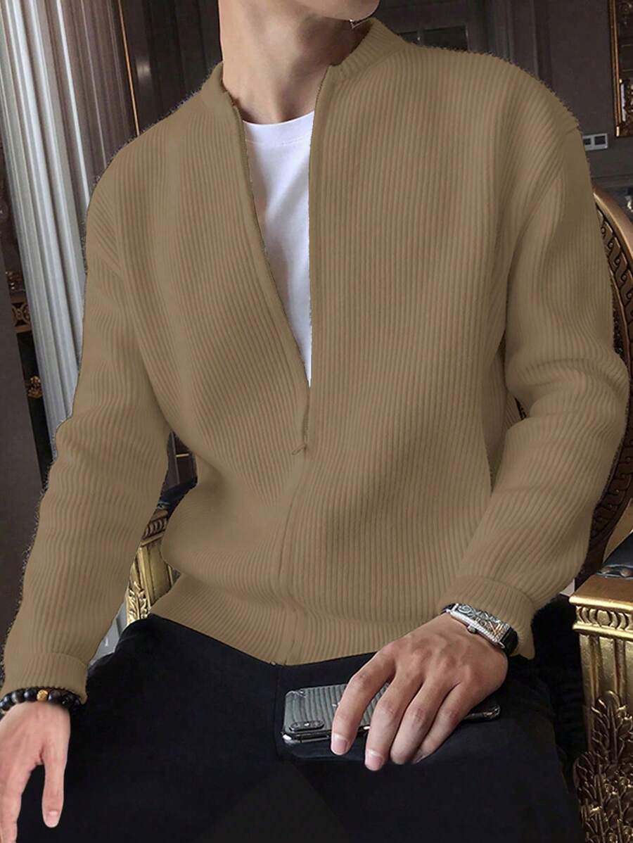 Manfinity Homme Solid Color Men's Zipper Cardigan Sweater - Khaki - View 1