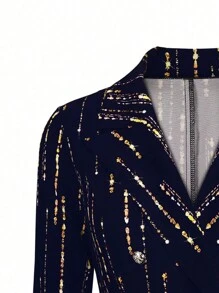 SHEIN Clasi Women's Plus Size Printed Notched Collar Double-Breasted Waist Cinched Blazer - Navy Blue - View 3