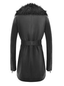 Giolshon Women's PU Jacket With Detachable Faux Fur Collar For Fall And Winter Warmth - Black - View 3