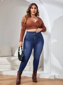 SHEIN Essnce 女款大尺碼高腰緊身牛仔褲 - 中等水洗藍 - 查看 4