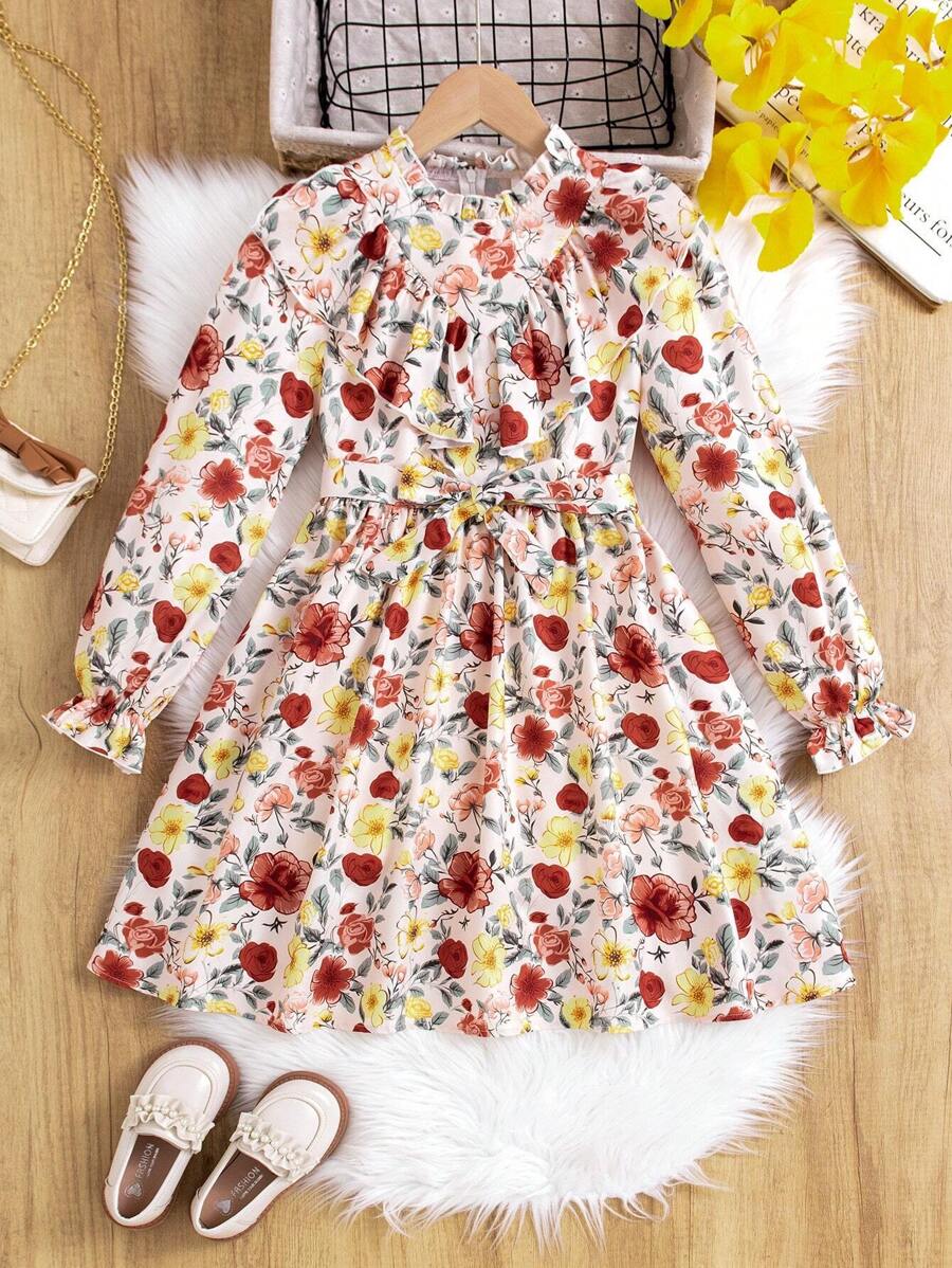 SHEIN Cô gái Tween In hoa Đầm Với Xù Hoa Sen Và Eo Thắt lưng - Nhiều màu - Xem 1