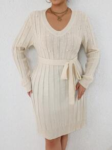 SHEIN Unity Plus Size Women's Pearl Decorated Sweater Dress - Apricot - View 1