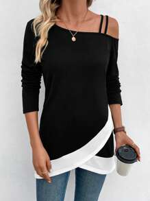 SHEIN LUNE Cold Shoulder Crossed Two-tone T-shirt With Asymmetrical Hem - Black - View 4