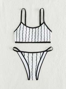SHEIN Swim Women Bikini Sets Contrast Binding Striped - Hitam dan Putih - View 5