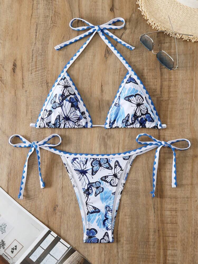 Women's Butterfly Print Halterneck Lace-Up Bikini Set Carnival Summer Beach