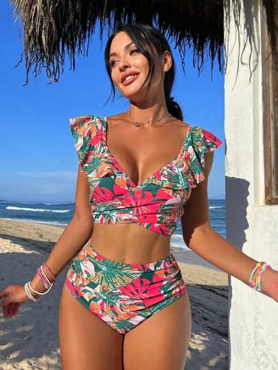 Swim Lushoire Summer Beach Tropical Printed Ruffle Edge Two-Piece Bikini Set