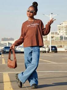 SHEIN Cô gái Dệt kim Giải trí Mùa Đông Tay áo dài Áo thun Với Thêu Vòng cổ - màu nâu - Xem 4