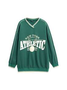 Flirla Của phụ nữ Kích thước lớn In thư Khối màu Lông cừu Áo nỉ Với Sọc Hem - màu xanh lá - Xem 3