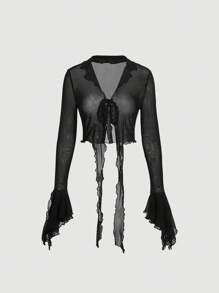 SHEIN MOD 女士前扣鈕帶波浪袖上衣 - 黑色 - 查看 1