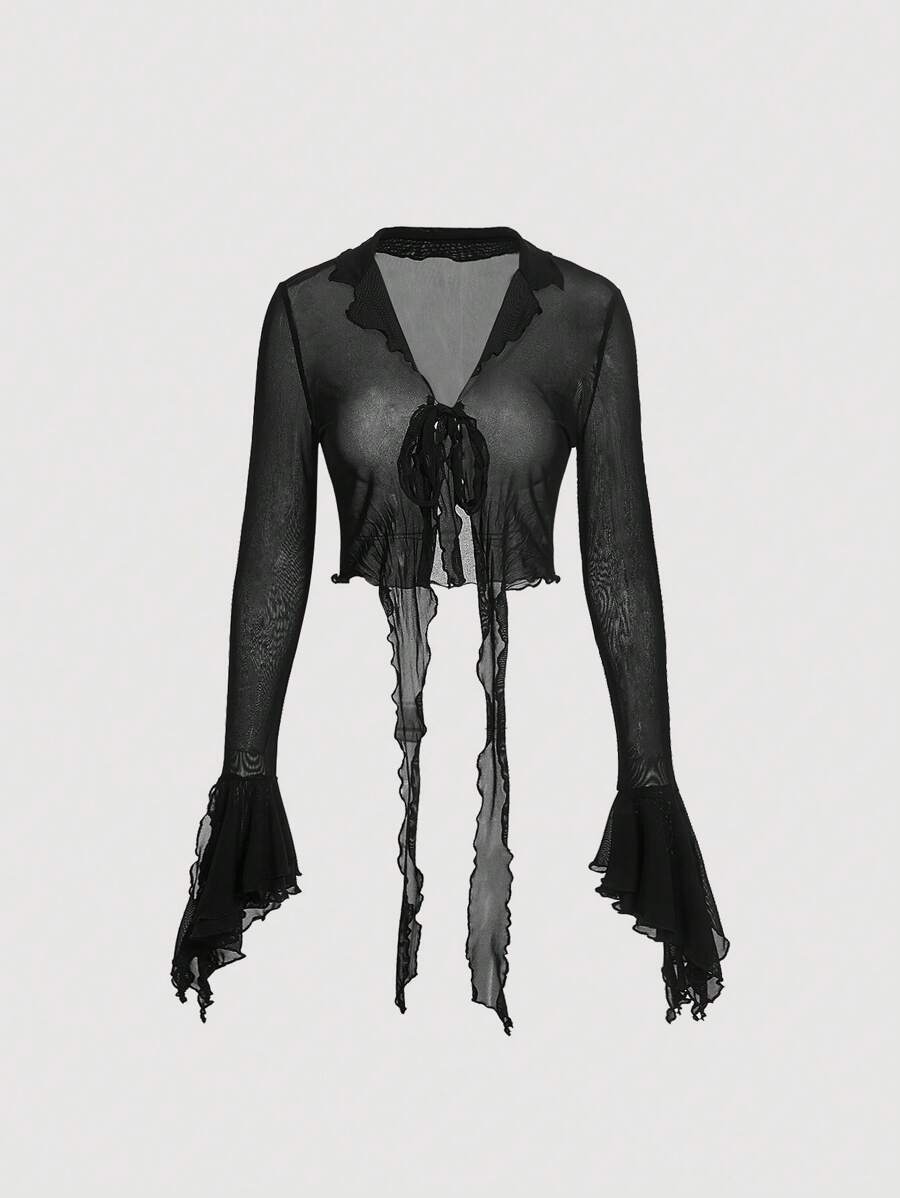 SHEIN MOD 女士前扣鈕帶波浪袖上衣 - 黑色 - 查看 1