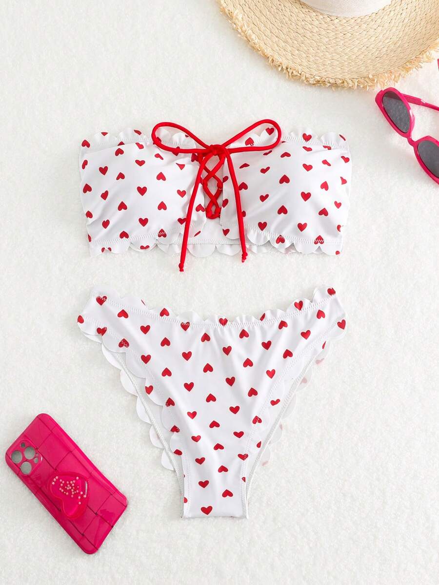 Swim Lushoire Summer Beach Women's Heart Pattern Front Tie Bandeau Bikini Set