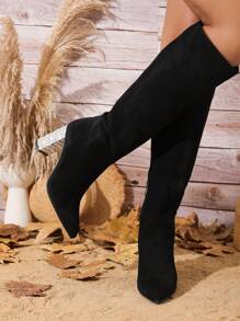 Women's Elegant Pointed Toe, Metallic Shiny Chunky High Heel Over The Knee Boots For Party, Winter(black) - Black - View 4