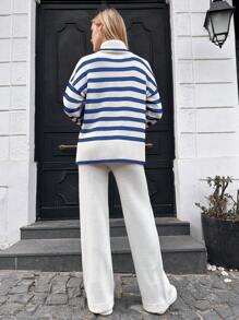 SHEIN Cottnline Striped Pattern Turtleneck Drop Shoulder Sweater & Knit Pants - Multicolor - View 2