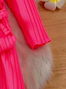 SHEIN Toddler Girls' Ruffle Trim Ribbed Knit Dress With Matching Bag - Hot Pink - View 5