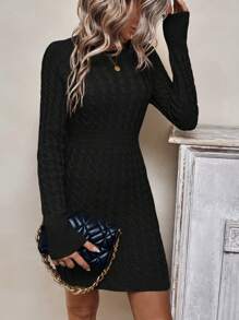 SHEIN Essnce Vestido Tipo Suéter Informal De Punto De Cable De Color Sólido Con Cuello Redondo Para Mujer - Negro - Ver 4
