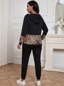 SHEIN Unity 女性豹紋拼接束口連帽衫和褲子套裝 - 黑色 - 查看 2