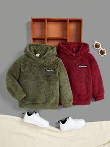 SHEIN 男童2入組字母貼花泰迪連帽汗衫套裝 - 綠色 - 查看 1