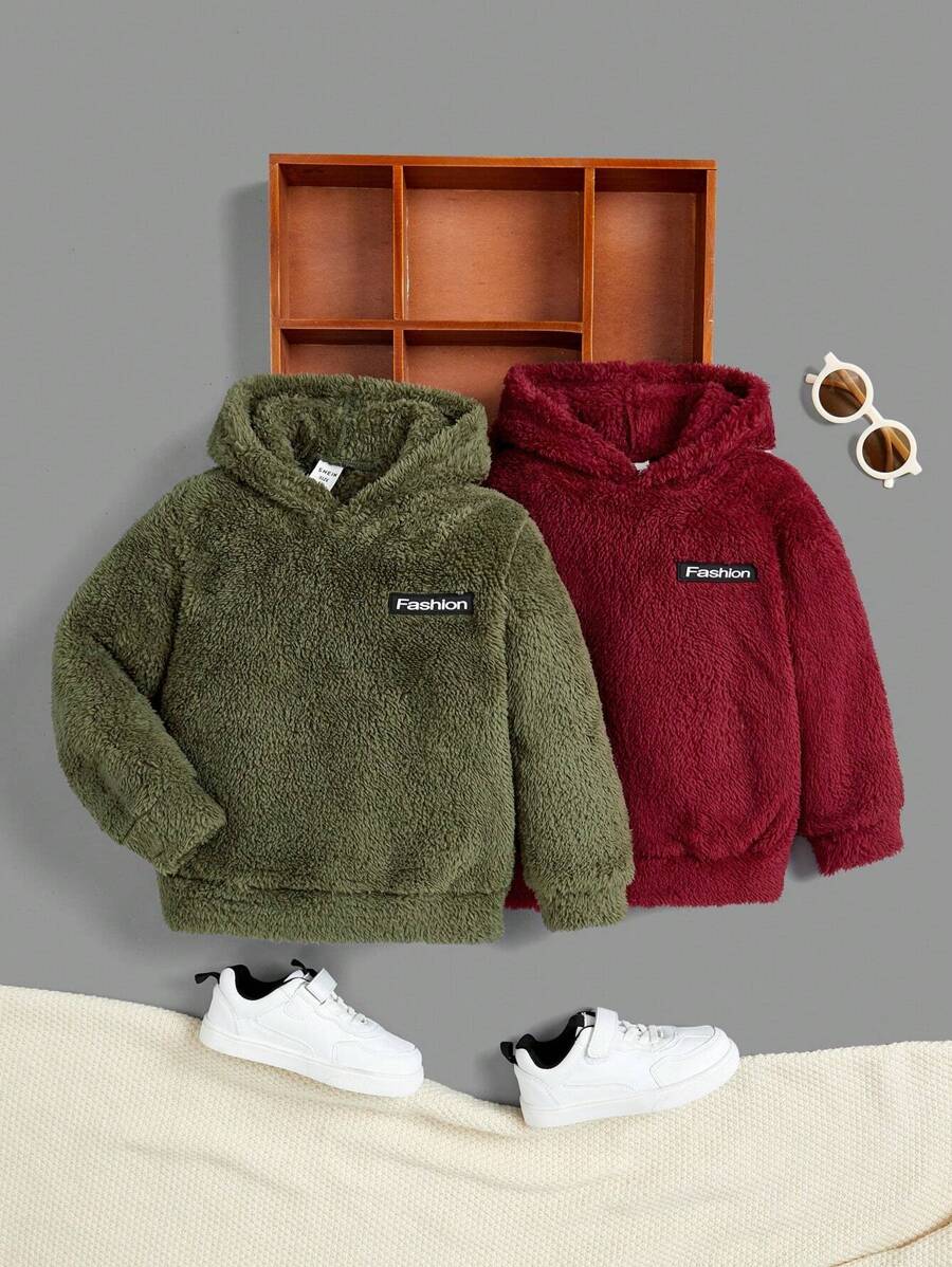 SHEIN 男童2入組字母貼花泰迪連帽汗衫套裝 - 綠色 - 查看 1