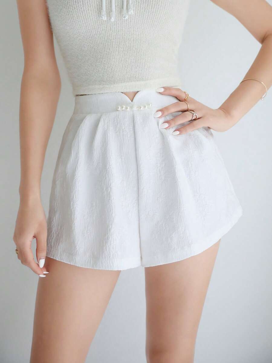 EastFlair 新款中国风复古民族风提花高端修身立领女短裤 - 白色 - 查看 1