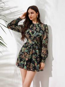 Aveloria Rosie Vestido de manga farol con estampado completo, outfit de vacaciones para mujer