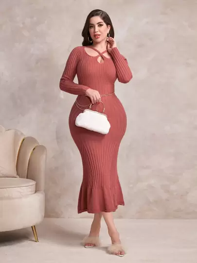 Modelyn 女士實色空心魚尾針織毛衣連衣裙