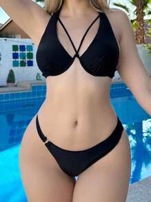 SHEIN Swim Summer Solid Color Bikini Set With Knot Back Design