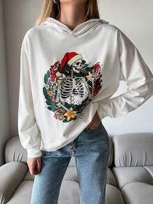 Cottnline Skull & Floral Print Drop Shoulder Hoodie - White - View 3