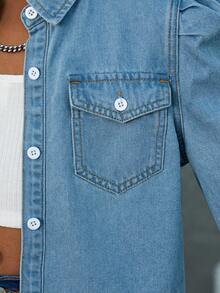 SHEIN Cô gái Dễ thương Ống tay áo Denim Giải trí Áo sơ mi - Màu xanh lam - Xem 6