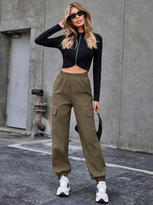 SHEIN Essnce 女式束口袖口運動褲 - 軍綠色 - 查看 4