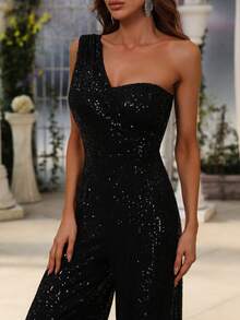 One Shoulder Sequin Wide Leg Elegant Jumpsuit - Black - View 3