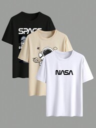 Manfinity EZcore 3pcs Men Funny Astronaut With Letter Graphic Print Short Sleeve T-Shirt, Boyfriend Gift, For Going Out