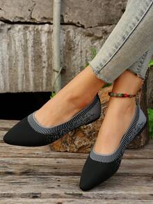 女士舒适时尚透气低跟尖头低鞋面平底鞋 - 黑色 - 查看 2