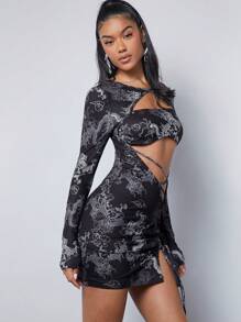 SHEIN Unity Dragon Print Cut Out Lace Up Dress - Multicolor - View 7
