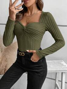 SHEIN Frenchy 優雅女式甜心領口羅紋t卹 - 軍綠色 - 查看 6