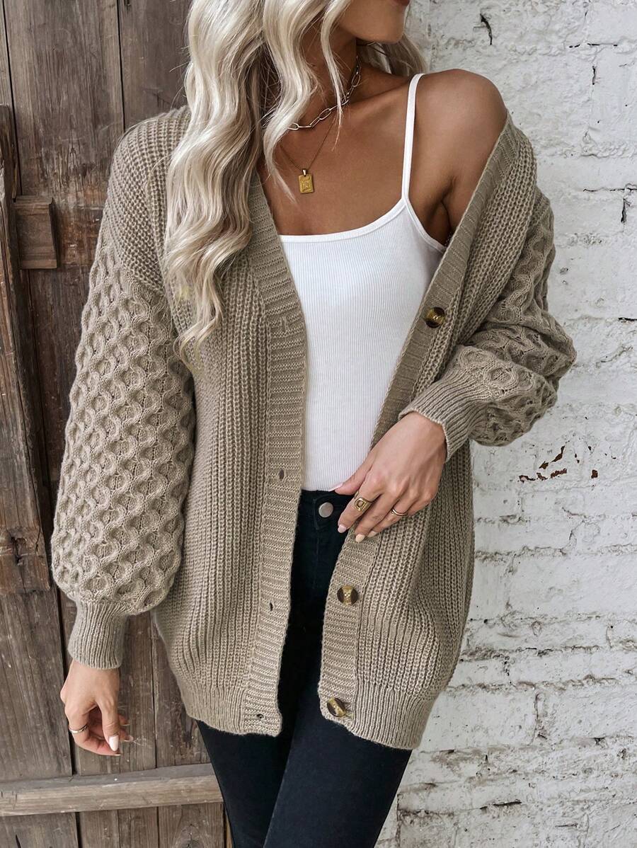 SHEIN LUNE 有紋理質感的女士開衫毛衣 - 卡其色 - 查看 1