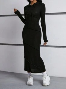 SHEIN EZwear Ladies' Solid Color Drawstring Hoodie Long Dress - Black - View 3