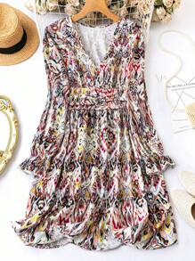 SHEIN LUNE Abito Con Maniche Volant Con Scollo A V Stampato Floreale Taglie Forti