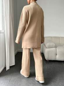 EURMUSE 女款羅紋針織毛衣針織長褲套裝 - 卡其色 - 查看 4