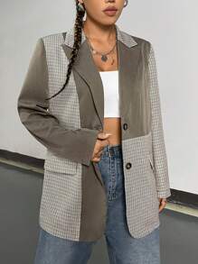SHEIN Unity 尖翻領單排扣格紋西裝外套 - 棕色 - 查看 1