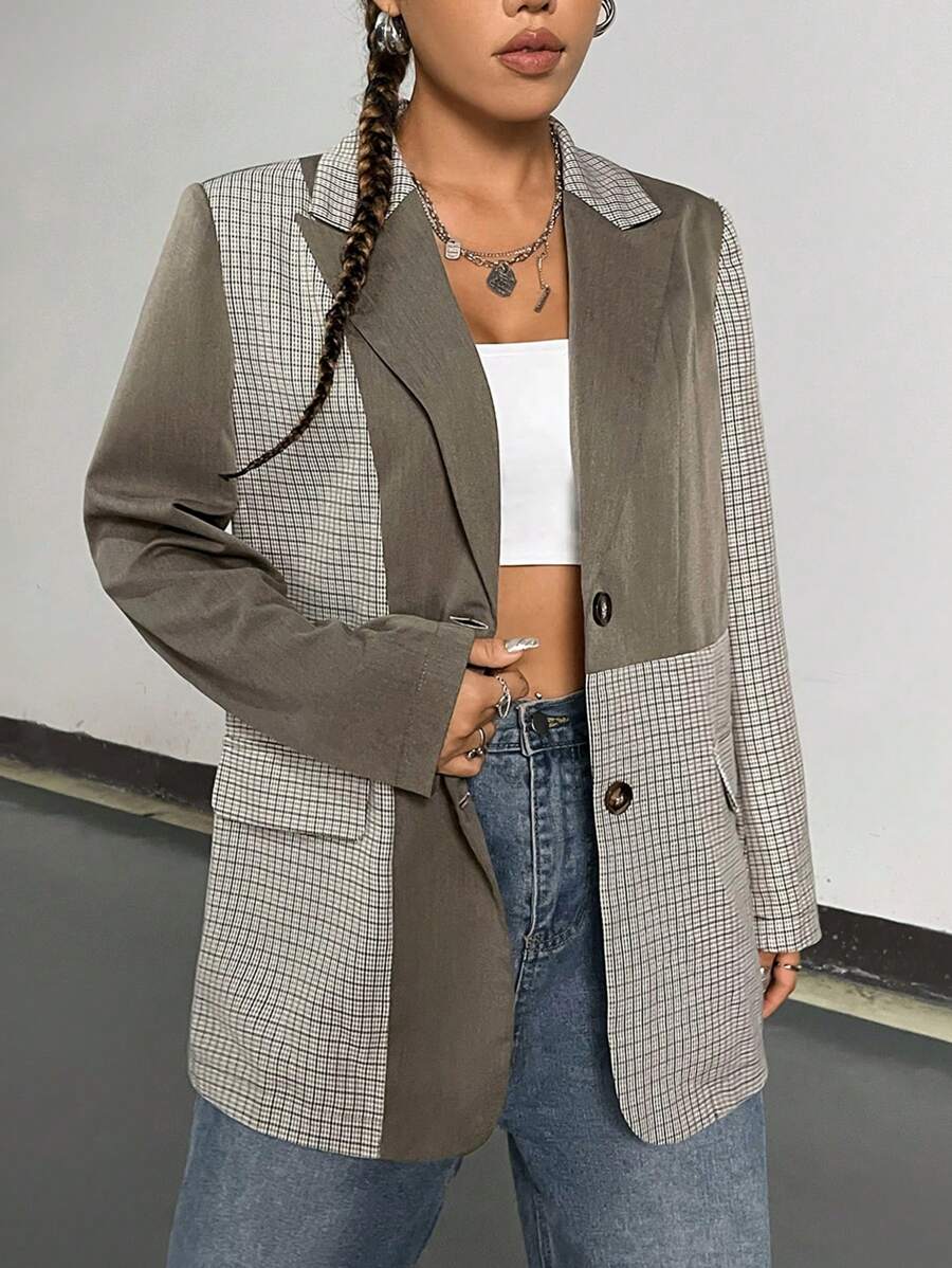 SHEIN Unity 尖翻領單排扣格紋西裝外套 - 棕色 - 查看 1