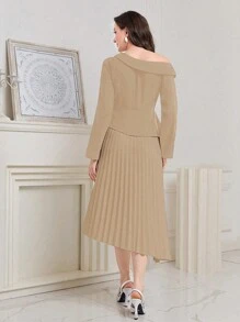 Seusyu 女士不對稱領口單色連身裙 - 摩卡棕 - 查看 2