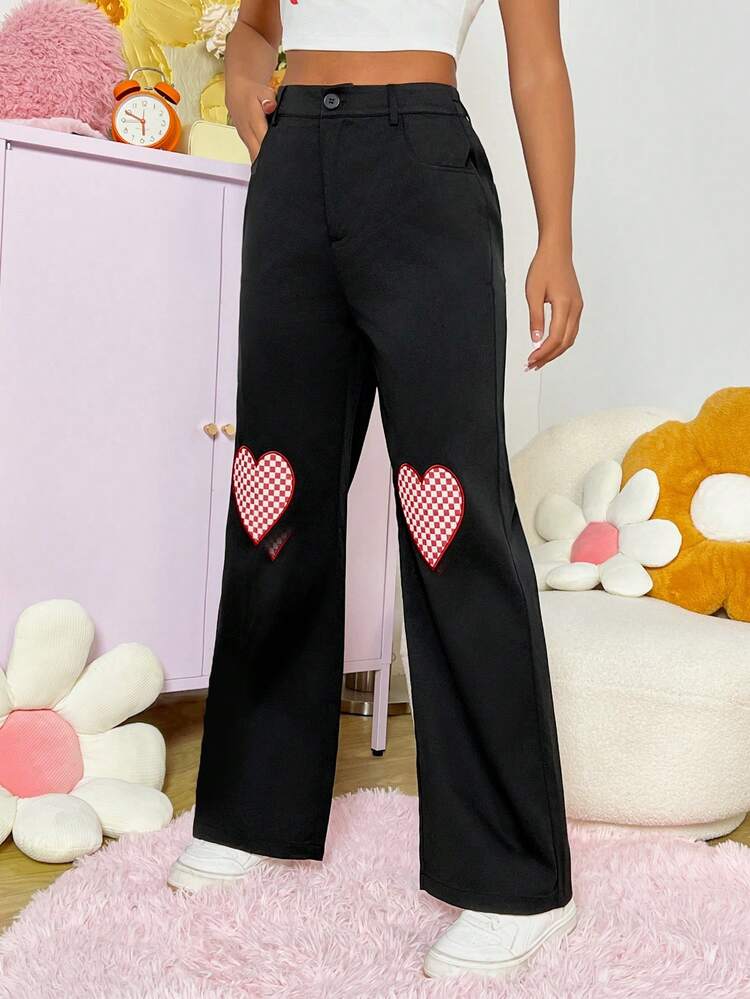 Red Plaid Heart Print Straight Leg Pants