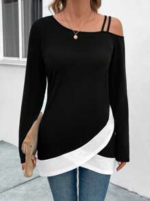 SHEIN LUNE Cold Shoulder Crossed Two-tone T-shirt With Asymmetrical Hem - Black - View 5