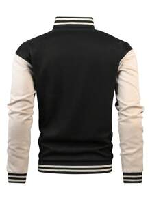Gym Rark Men's Varsity Jacket,Color Blocking Letter Print Letterman Jacket,Boyfriend Style Sports Workout Tops,Black And White,Autumn,Athleisure,Back-To-School - Black - View 2