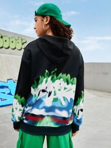 Streetz SHEIN Sport 男女皆宜的嘻哈火焰印花落肩卫衣 - 彩色 - 查看 2