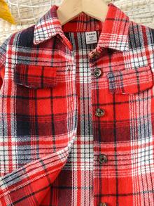 SHEIN 小女孩羊毛格紋襯裡和純色連身褲,時尚休閒2入組 - 紅色 - 查看 5